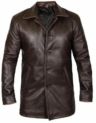 New Men's Western Distressed Sheriff Real Sheepskin Leather Jacket Long Coat image 5