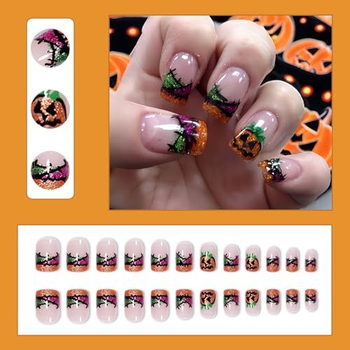24Pcs Orange Glitter Halloween Press on Nails Short Square Cute Pumpkin pumpkin - Picture 2 of 7