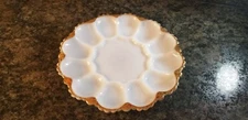 Vintage Decorative Deviled Eggs Holder / Serving Dish Holds 12 White w/ Gold Tri