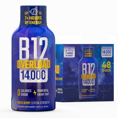 (48 Pack) GAQ B12 Overload Energy Shots, Mixed Berry, Up to 7+ Hours of Energy