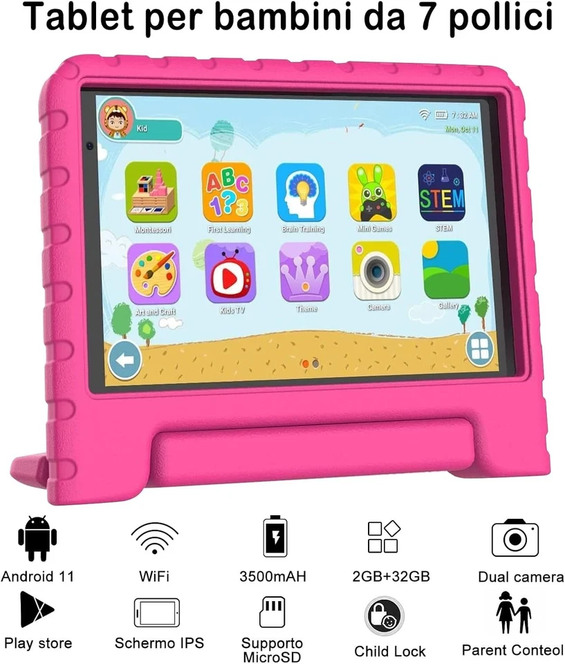 JUSYEA J8 Tablet bambini 64GB ROM 7" FHD Android 11 Pad WiFi Fotocamera ROSA - Immagine 2 di 4