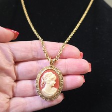 Gold Tone Oval Cameo Necklace Cream Orange Portrait Vintage Style