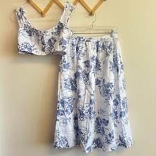 Reformation Teya Linen Two Piece Lupine Size 10 Skirt Crop Top Floral White Blue