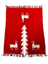 Vtg Poncho Serape Blanket Warm Fleece Alpaca Fringe Bright Vibrant Red
