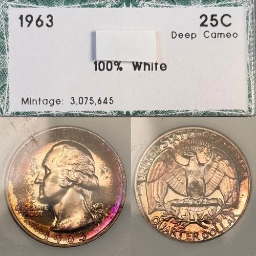 1963 25C Washington Silver Proof Quarter *Ungraded* PCI Holder, Fuchsia Toned