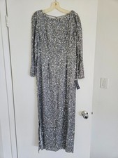 Vintage SCALA Silk Sequin Gown Dress Silver Maxi Long Sleeve 90s Prom - Size 6