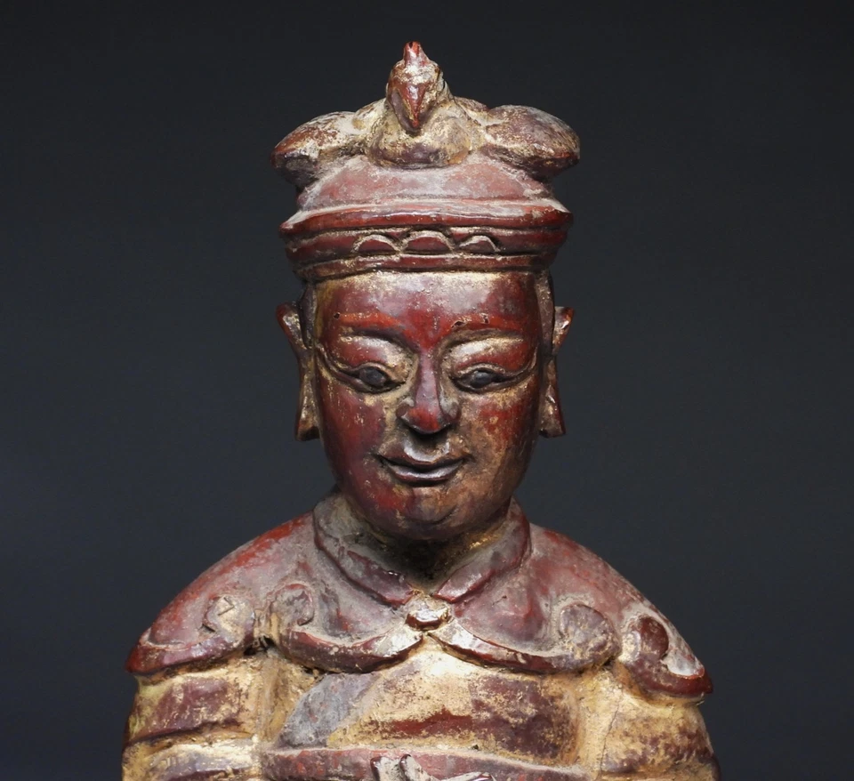 Estatua de Buda de la deidad taoísta lacada y dorada de la dinastía Qing china con inscripción Foto 2 de 4