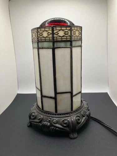 Vintage Tiffany Style Art Deco Table Lamp Red Slag Glass Light Works