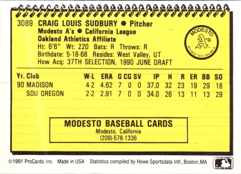 1991 ProCards Craig Sudbury #3089 Modesto A's Baseball Card - Image 2 of 2