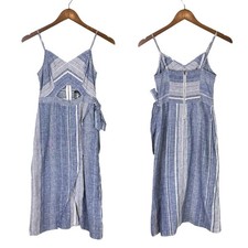 Express NWT 0 Blue White Stripe Linen Blend Cut Out Strappy Wrap Midi Dress
