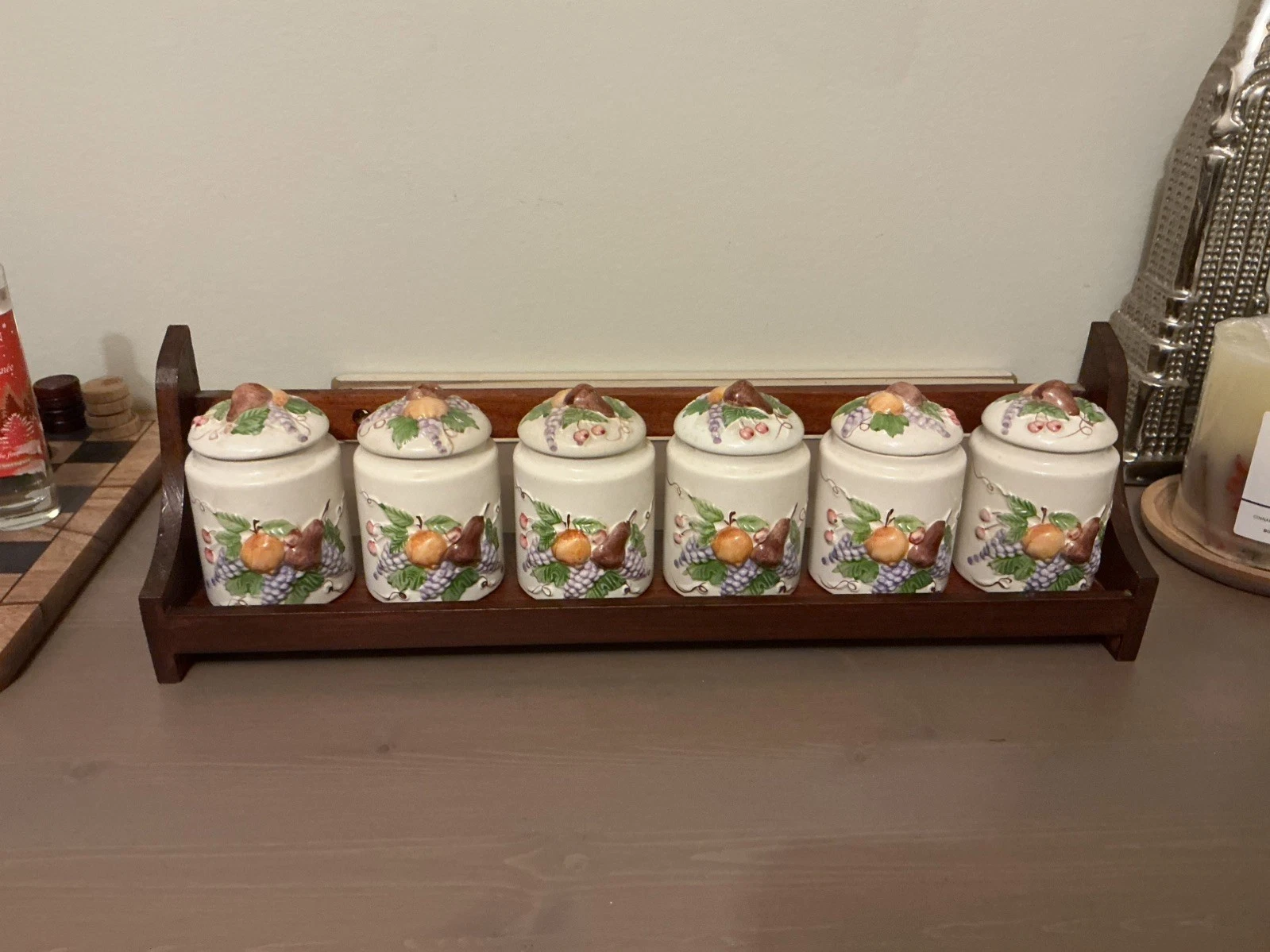 Vintage Wooden Shelf Rack & 6 Small Fruit Pattern Ceramic Canisters Spice Jars