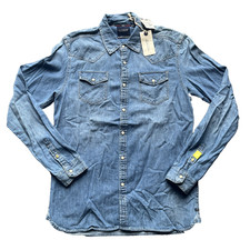 Scotch & Soda Ams Blauw Men’s Pearl Snap Western Denim Shirt Blue Size L NWT