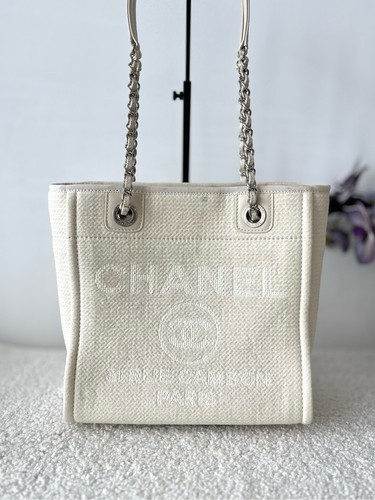 Chanel Deauville Off White Tote Shoulder Bag PM Canvas Leather Authentic A66939