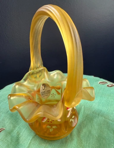 Fenton Glass Miniature Satin Glass Basket Amber Gold Harvest with Holiday Theme