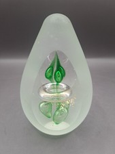 Hand Blown Art Glass Egg Paperweight Frosted clear Window Green Gold Bubbles 