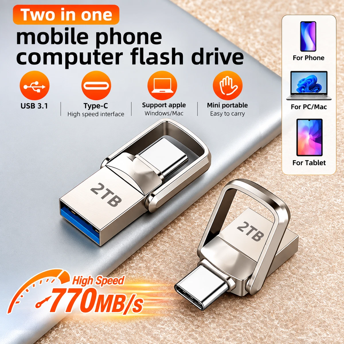 2TB USB 3.2 Flash Drive Type C Dual USB Memory Stick High Speed Pen Drive
