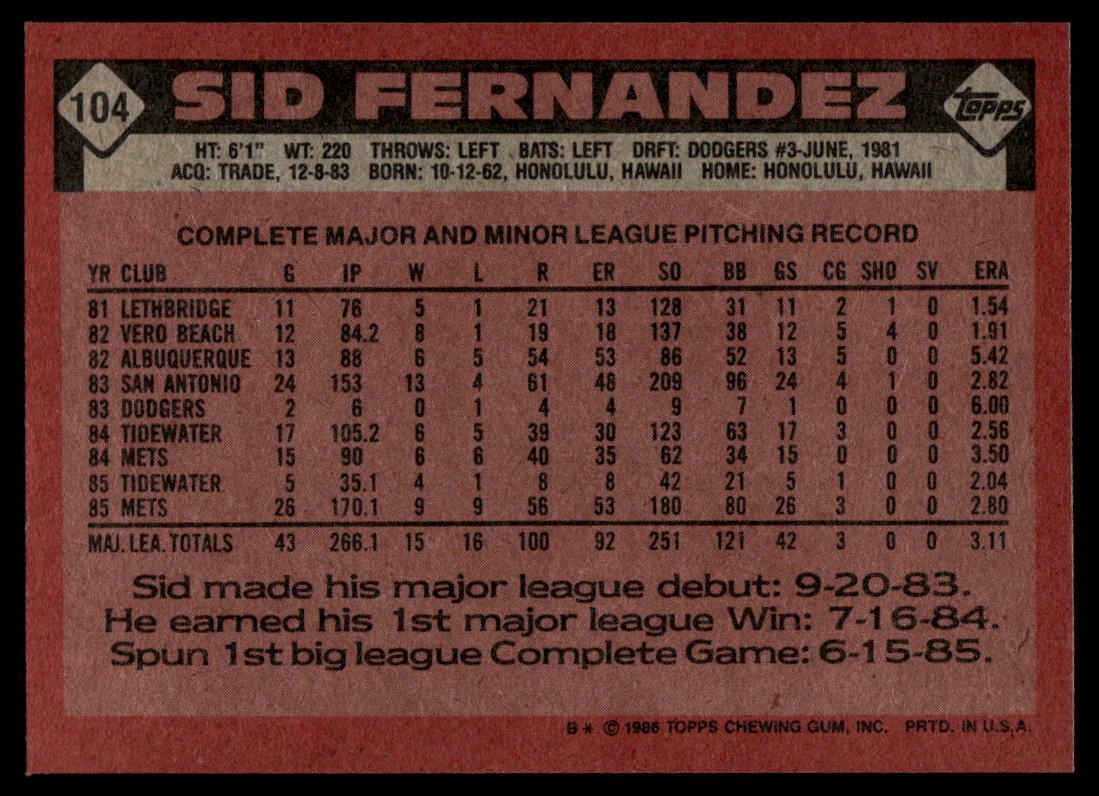 1986 Topps #104 Sid Fernandez
