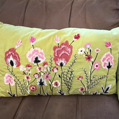 Set of 2 Embroidered Floral Green Cotton Lumbar Pillows with Zip Closure