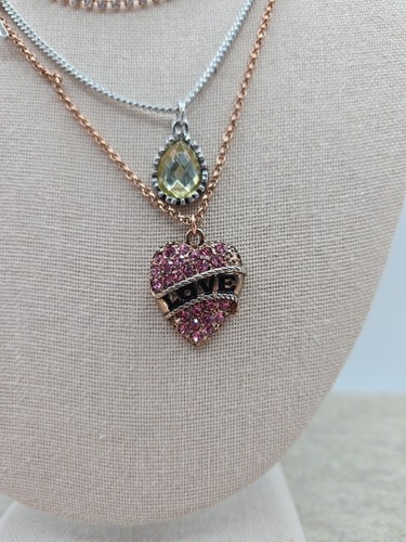 BETSEY JOHNSON 3 Strand Necklace With Crystal Heart,Key,Faux Pearls,Bow Necklace - Picture 2 of 5