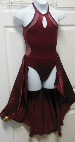 Disfraz de danza lírica cuello halter malla yugo lateral falda satén rubí niñas/damas - Imagen 2 de 6