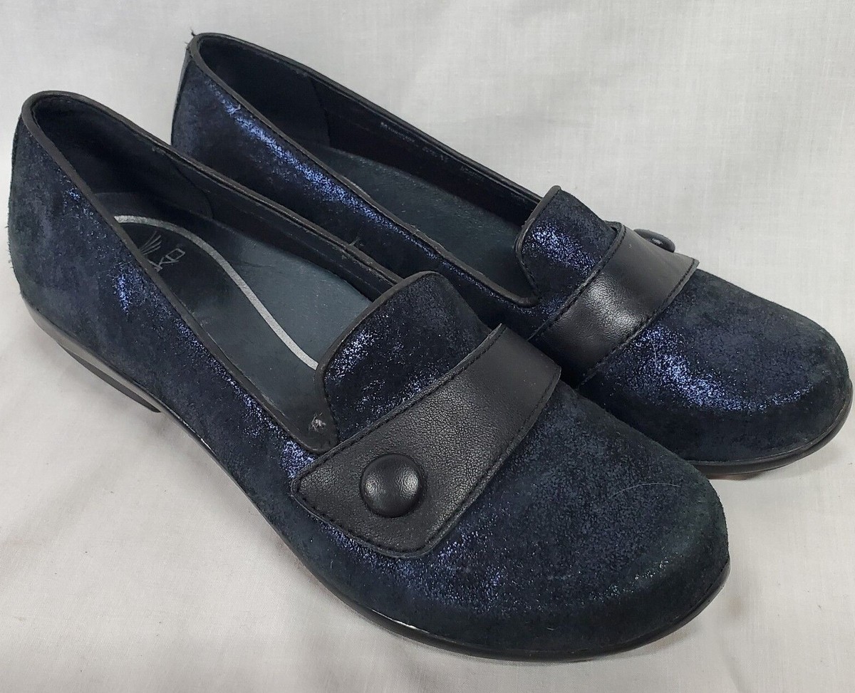 Dansko Womens 37 Olena Metallic Slip On Button Loafer Black Blue