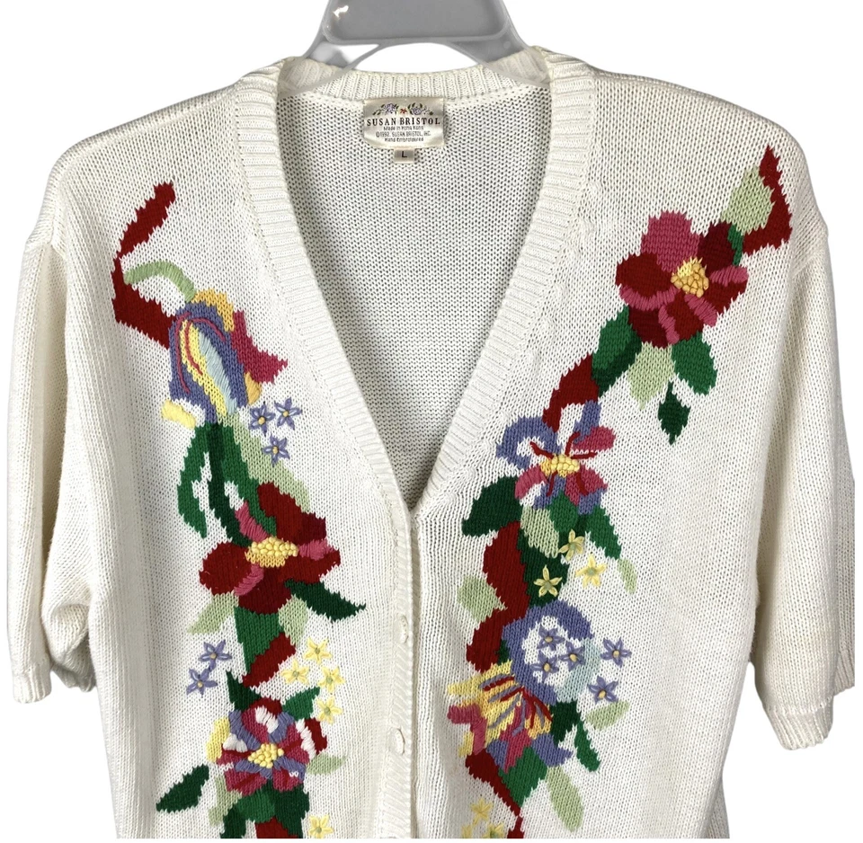 Susan Bristol Hand Embroidered Cardigan Sweater Short Sleeve Women L Ramie 1992 - Image 3 of 4