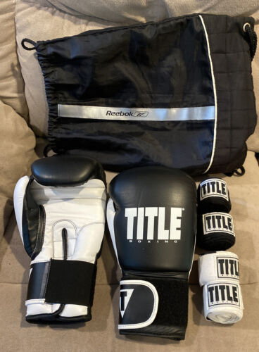 Reebok MMA Title Boxing Gloves 16oz Leather Black White w/ 4-Wraps + Bag *NEW - Picture 1 of 8