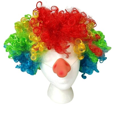 Party Clown Rainbow Curly Wig Child Size Halloween Costume Accessory Funny Nose