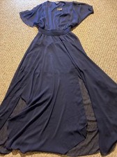 NWT NEW EXPRESS Womens S Navy Blue Long Tiered Ruffled Dress Sheer Sleeves V-Nec