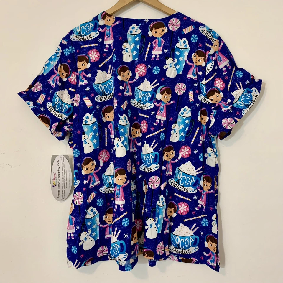 DISNEY Scrubs Tooniforms Prints V-Neck Top In Cocoa Cuddles Glitter Size 3XL NWT - Image 2 of 4