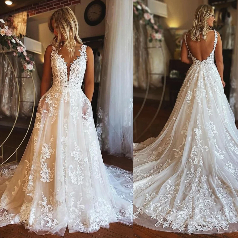 Lace Boho Wedding Dresses with Pockets V Neck Tulle A Line Backless Bridal  Gowns