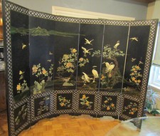 VINTAGE ASIAN BLACK LACQUER STONE JADE MOTHER PEARL 6 PANEL ROOM DIVIDER 72x16