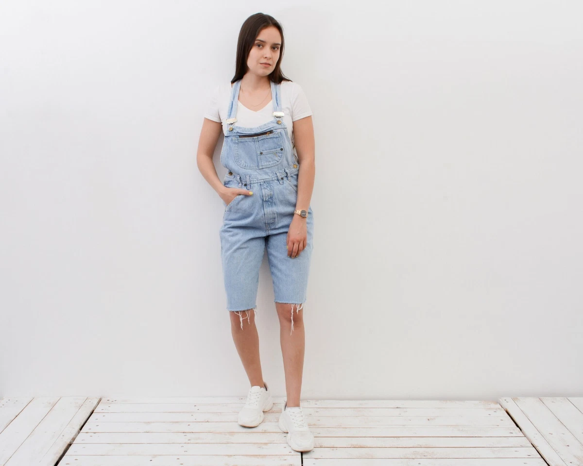 Women XS S Denim Shorts Overall Dungarees Pinafore Jumpsuit VTG Romper Jean y2k