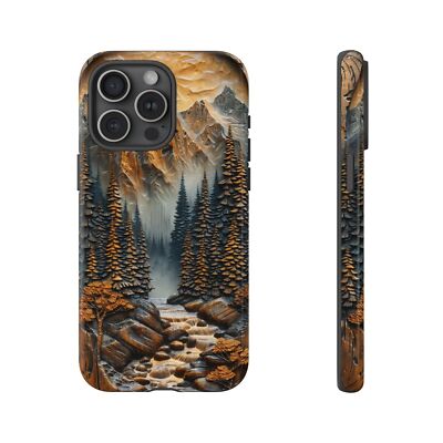 For iPhone/Galaxy/Pixel | Phone Ink Case | Mountain Carved Wood Print