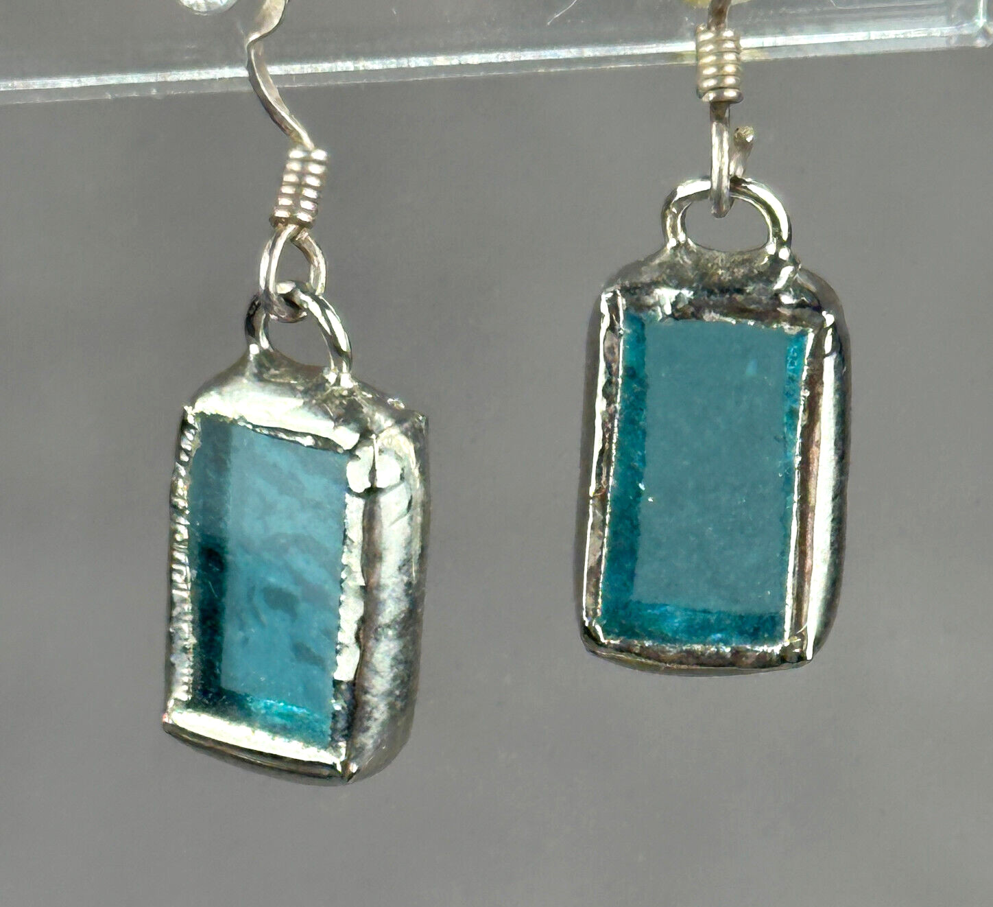 Pierced Earrings Rectangular Blue Stained Glass 9… - image 2