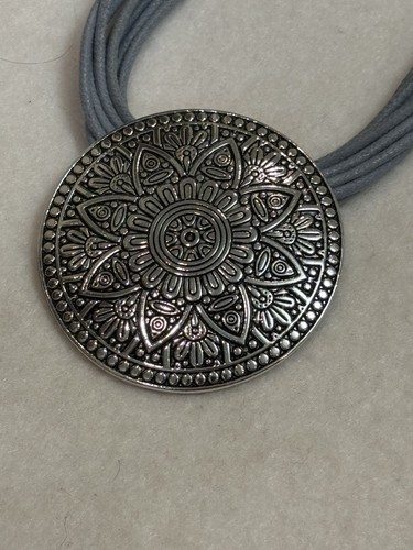 Chico's Signed Gray Multi-Strand Cord Silver Medallion Floral Mandala Boho Stat