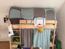 Paidi Etagenbett  Birke hell mit Planwagendach, Leiter, Basketballkorb, Vorhang