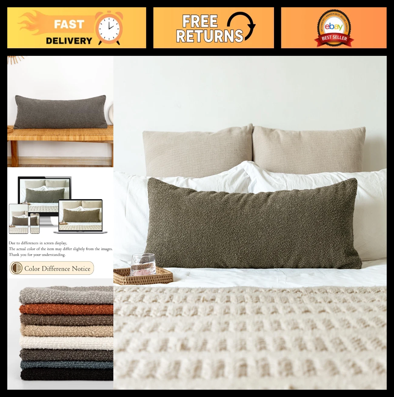 14x36" Dark Brown Boucle Lumbar Pillow Cover - Woven Texture Cushion Case for So