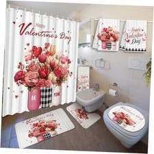 6 Pcs Valentine's Day Shower Curtain Bathroom Set with Bath Mat U Shaped Mat