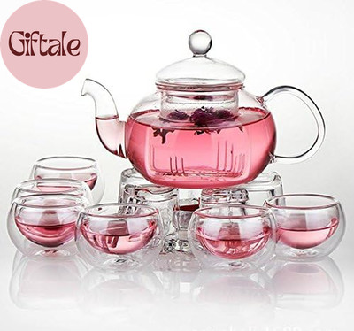 11 Pc-Glass Filtering Tea Maker Teapot with a Warmer and 6 Tea Cups Set (Version