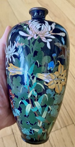 Antique Japanese Meiji Cloisonné Vase Bird & Floral Dark Blue Enamel