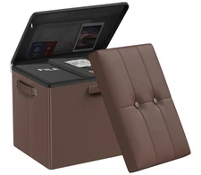 Brown 17x13x13in Storage Ottoman, Lock, Handle, Fireproof, Folding Leather