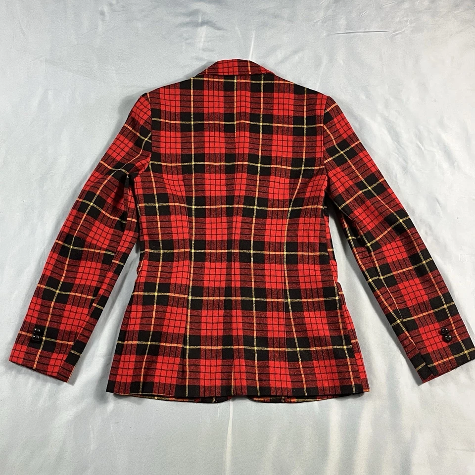 Blazer Mujer Rojo Tartán Lana De Colección Años 60 Chaqueta Talla 5/6 XXS XS Petite Foto 3 de 4