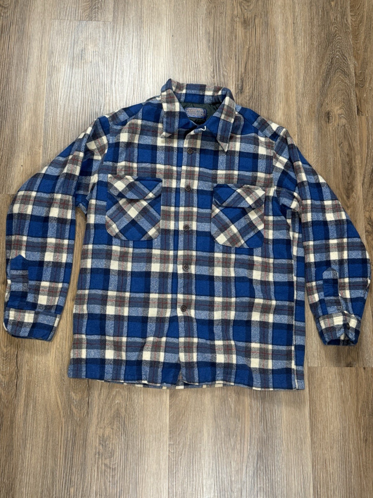Vintage 70s Pendleton Wool Board Shirt Loop Collar Flap Pockets Size Medium