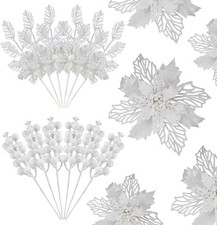 24 PCS Christmas Tree Decorations, 12 PCS Poinsettia Flowers Artificial 6 PCS Gl