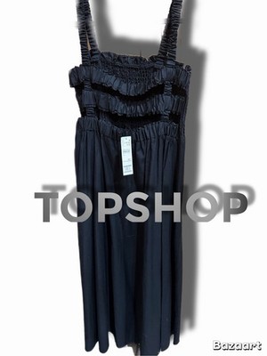 Topshop Black Smocked Long A-Line Dress Square Neck Sleeveless Pullover US 8-10