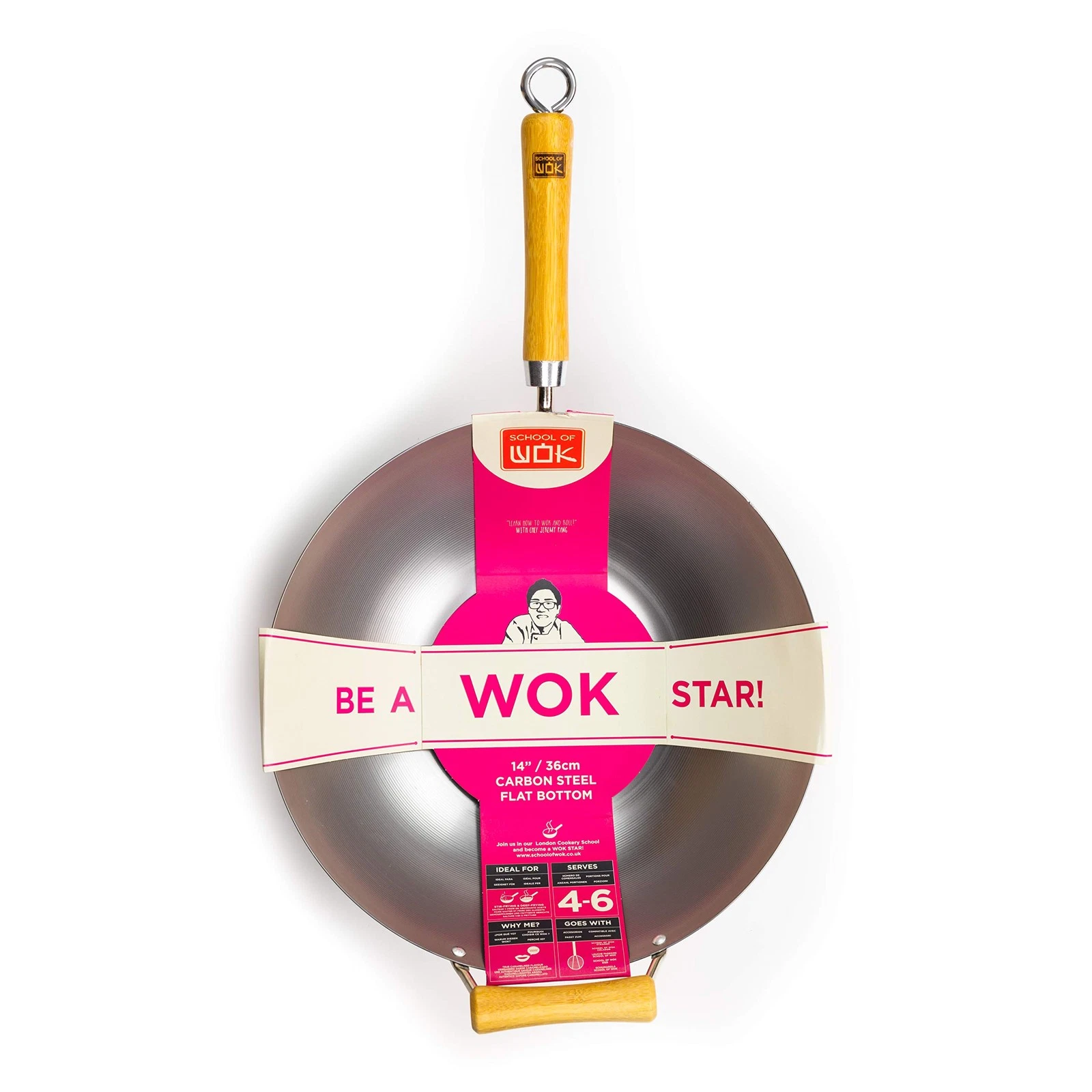 School of Wok - 14"/36cm Carbon Steel Wok, Flat Bottom, 14"/36cm, Silver