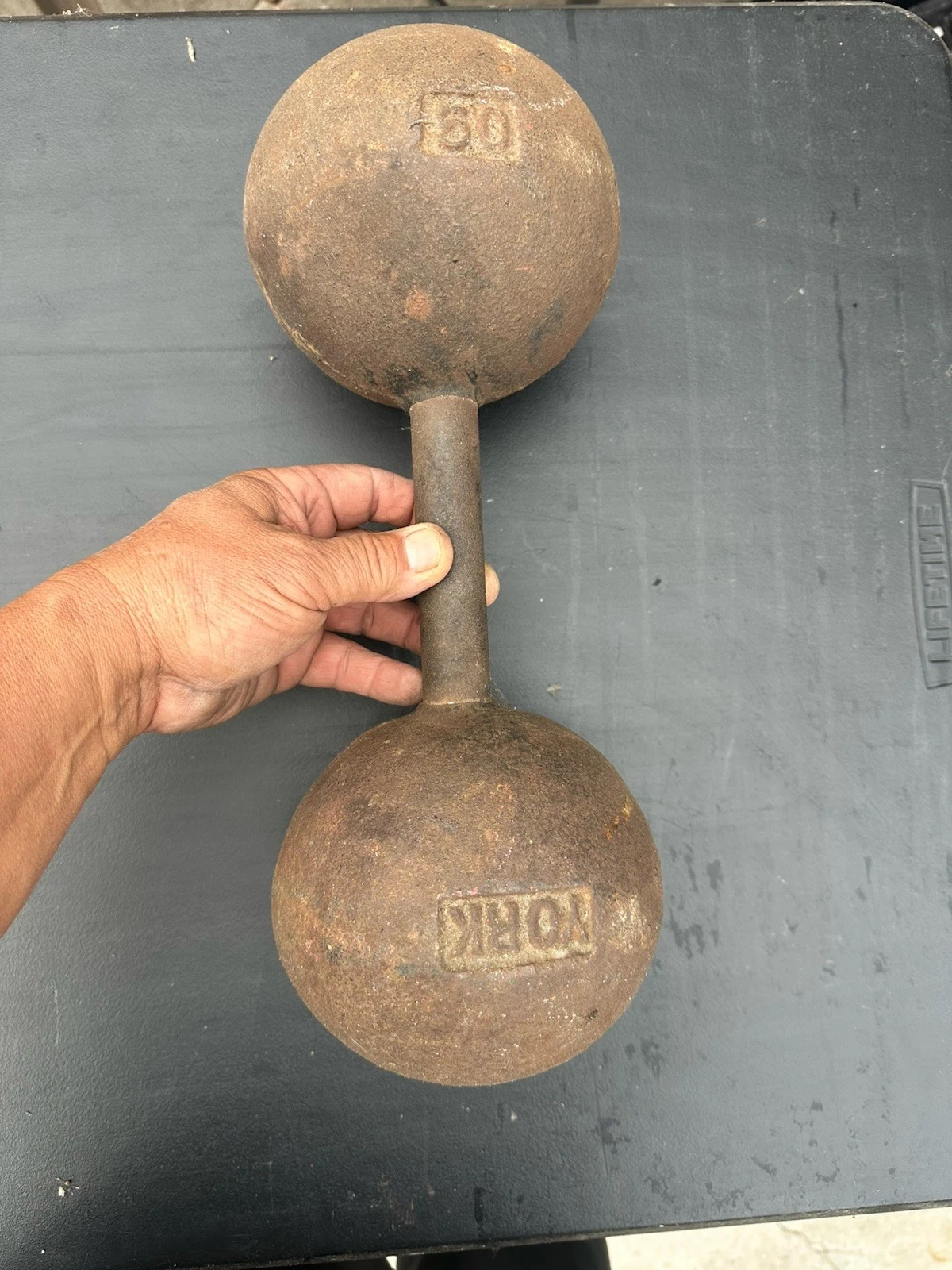 Vintage York Globe Dumbbell Dumbbells Pair Cast Iron 50Lb Lbs Pounds FREE SHIP