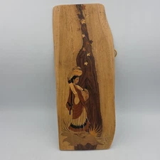 VINTAGE INLAY MARQUETRY WOOD WALL ART PLAQUE INDIAN WOMAN GIRL INDIA