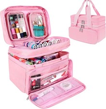 Sewing Accessories Organizer, 2 Detachable Pouches, 18 Compartments, Pink